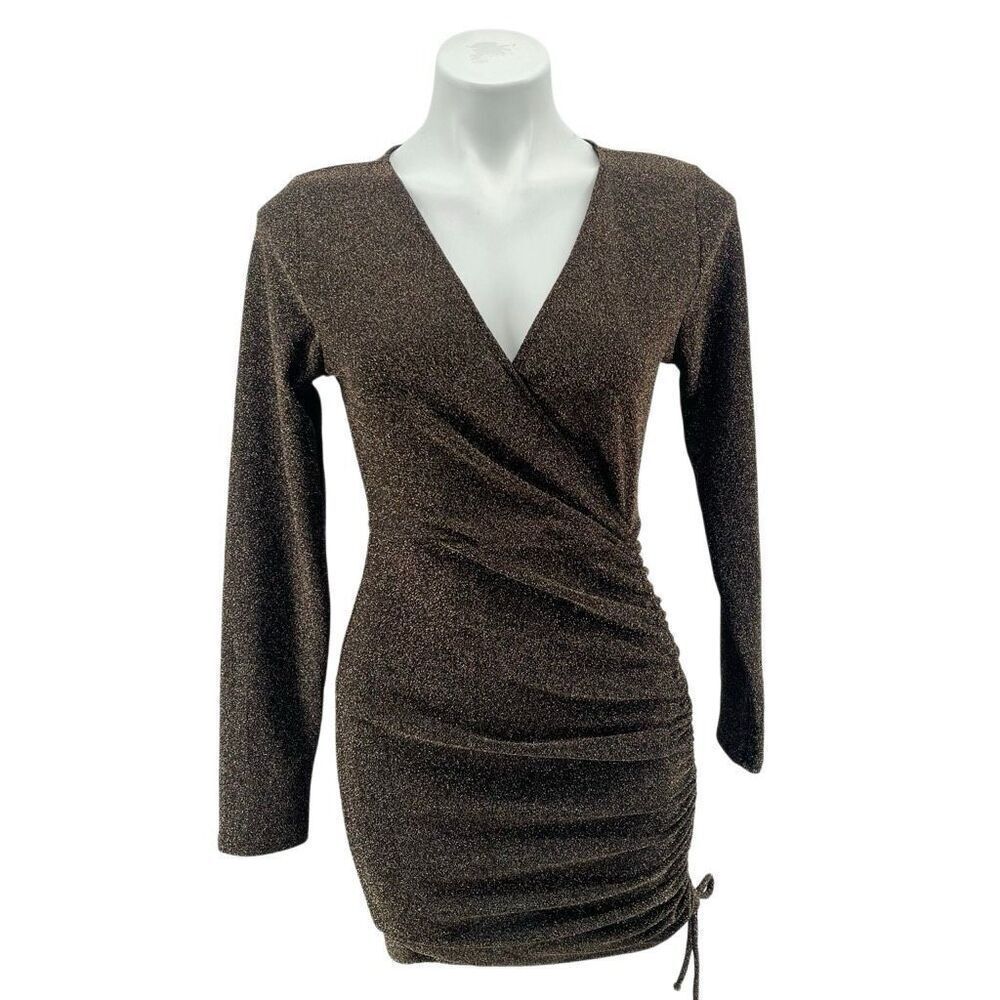 Rolla Coster Gold Metallic Long Sleeve Ruched Bodycon Mini Dress NWT Medium
